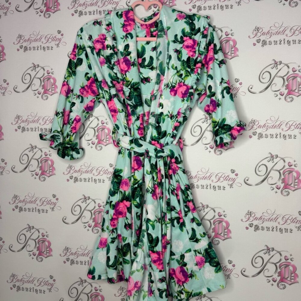 Betsy Johnson robe ruffle frilly trim floral neon blue green purple pink tie up